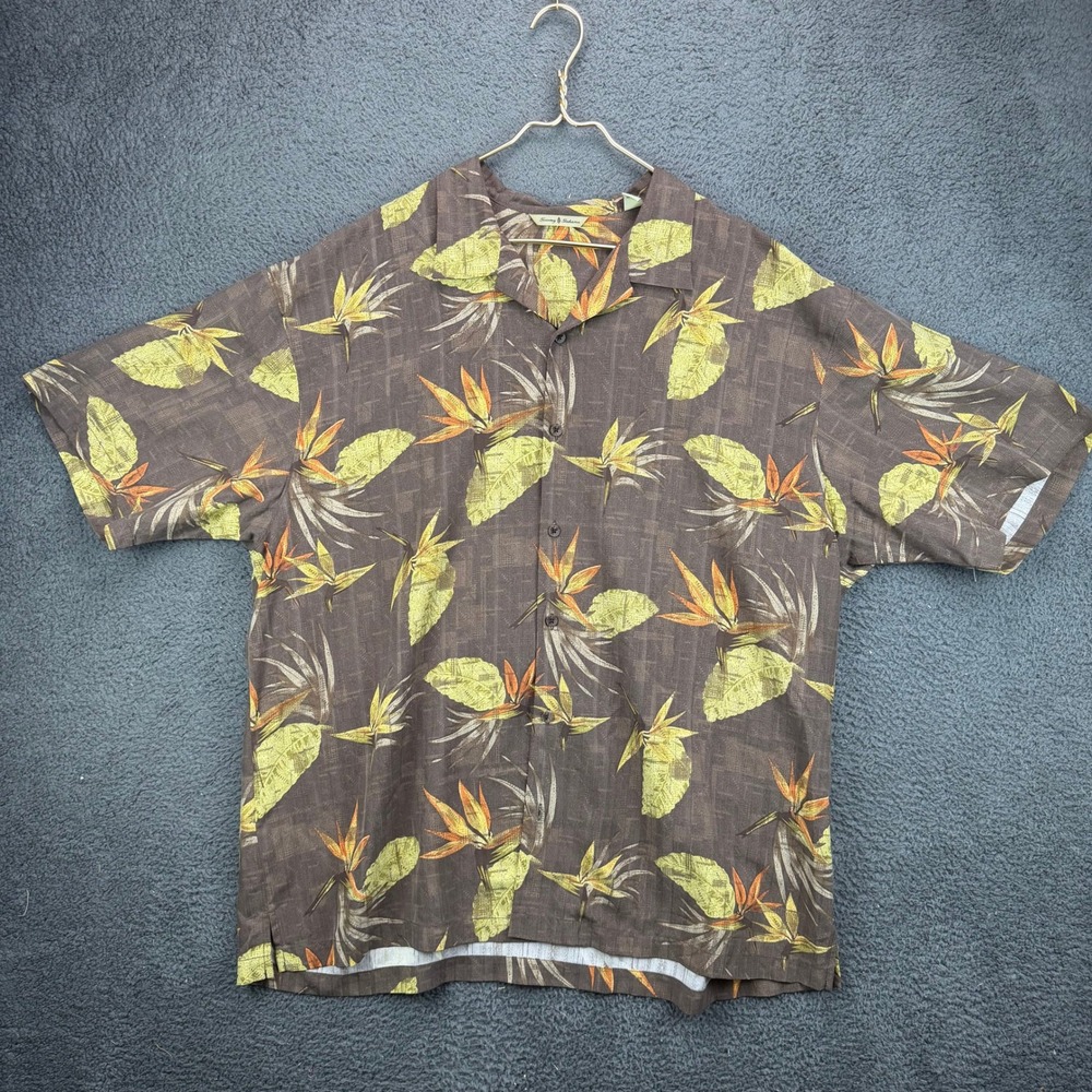 Tommy Bahama Mens XXL Brown Silk Bird of Paradise Floral Aloha Camp Shirt XXL